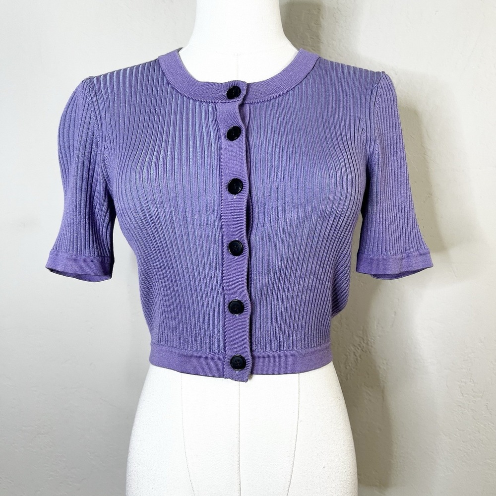 Naadam Cardigan Silk Wool Short Sleeve Rib Knit Stretch Purple Size Medium‎